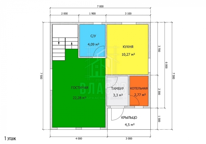 Планировка первого этажа - К-16 (7x7,5)