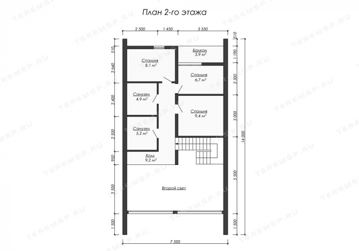 Планировка второго этажа - БАРН-9 (7,5х14)